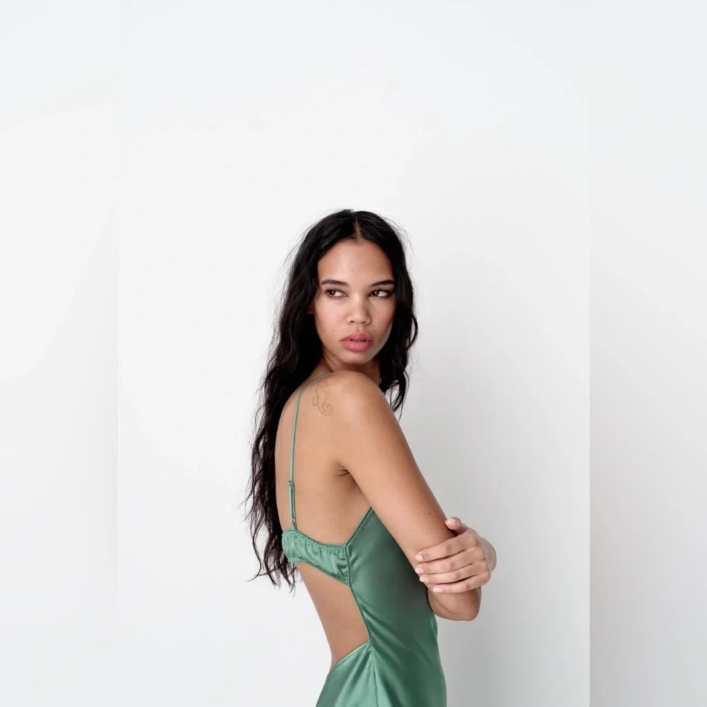 Zara Emerald Green Maxi Dress Satin Slip Wedding Evening Party - Picture 8 of 13